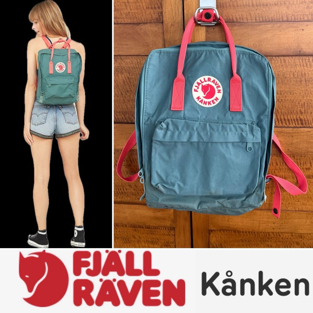 🇸🇪Classic Kånken Backpack in Flat Teal Frost Green + Peach Pink Fjällräven GUC